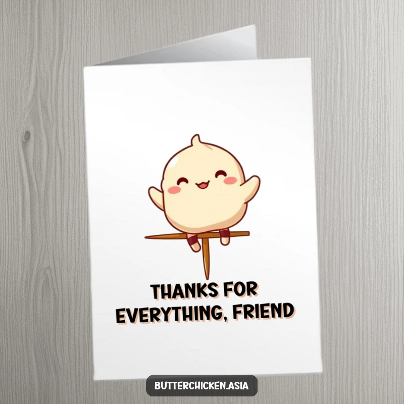 Funny Free Printable Thank You Card: Overjoyed dumpling mid-jump, conveying immense thanks with a happy spirit.