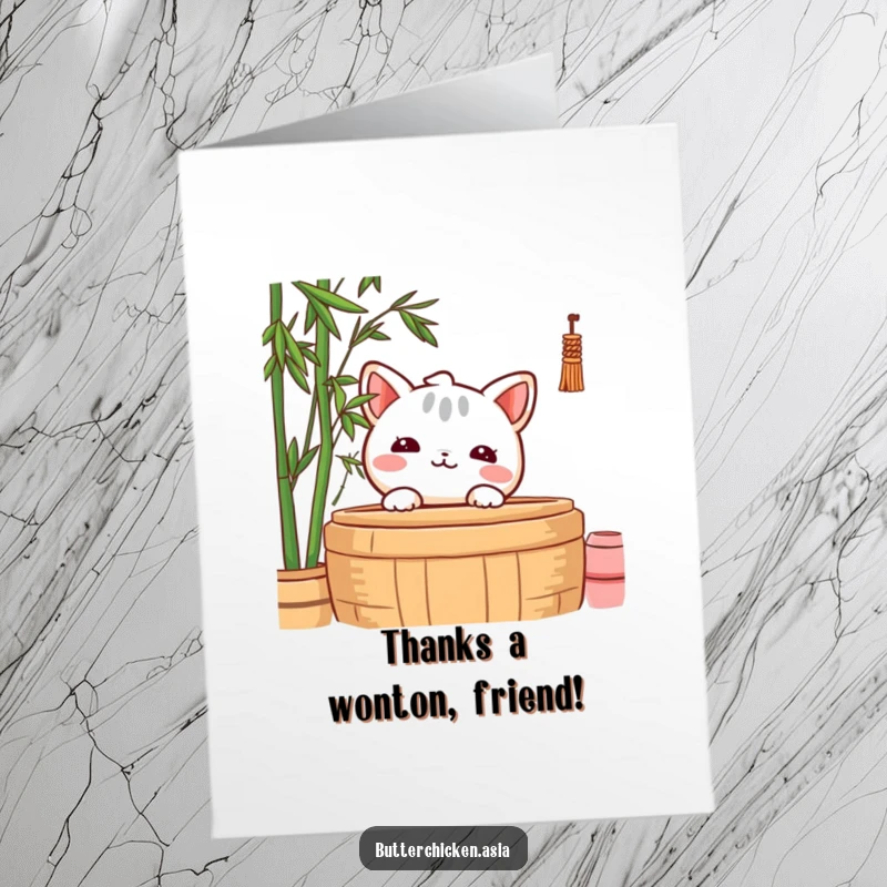 Funny Free Printable Thank You Card: A shy wonton character peeking out from a bamboo steamer, conveying quiet thanks.