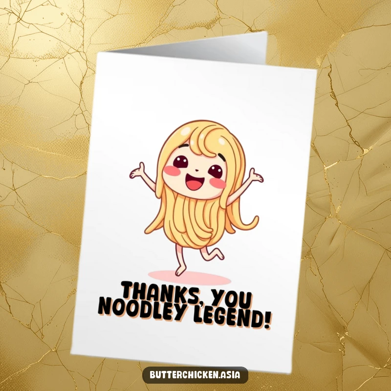 Funny Free Printable Thank You Card: A wiggling noodle character doing a happy dance expressing gratitude with pure joy.
