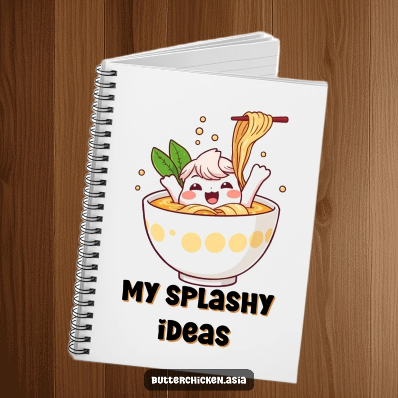 Funny Ramen Notebook: a cheerful ramen bowl character splashes happily in broth. Great for notes and a funny gift.