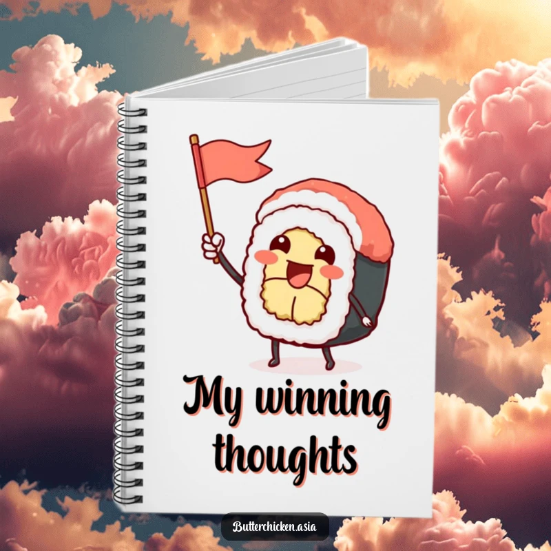 Funny Sushi Roll Notebook: a cheerful sushi character waves a flag, ready for notes. A creative and funny gift for writers.