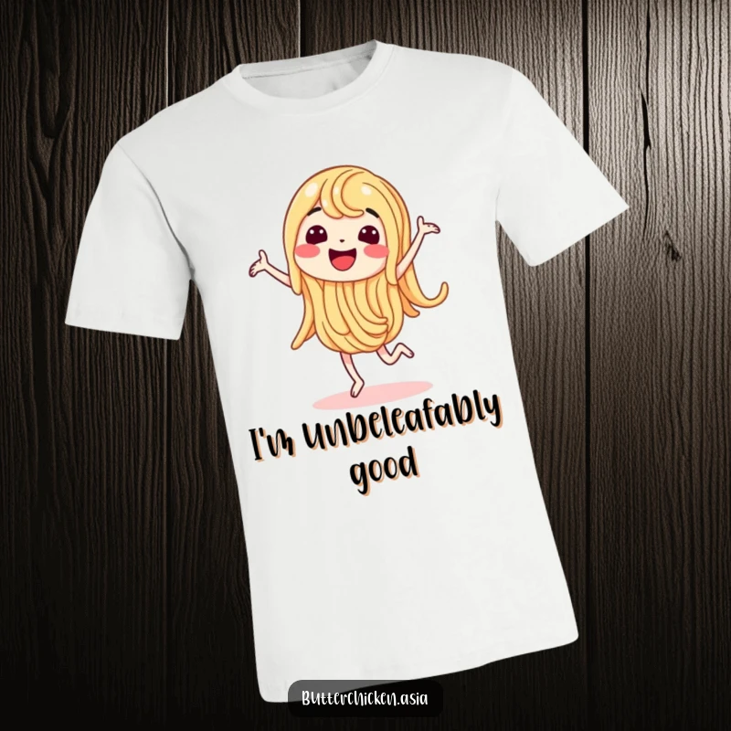 Funny T-Shirt depicting a wiggling noodle character enthusiastically performing a happy dance, radiating pure fun.