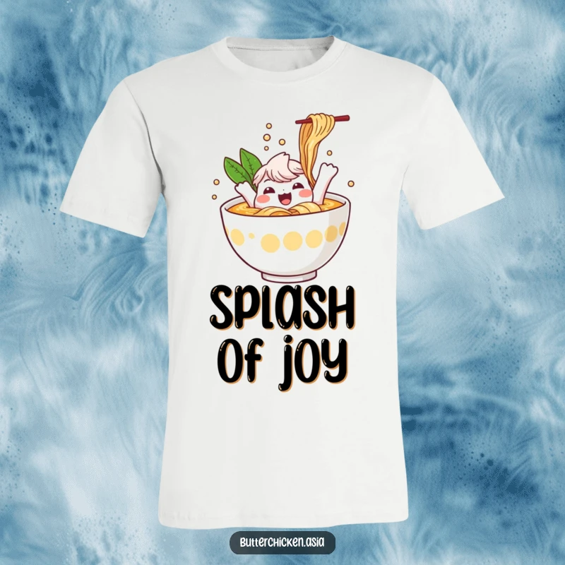 Funny Ramen T-Shirt: a cheerful ramen bowl character happily splashes in broth. A humorous and tasty funny gift.
