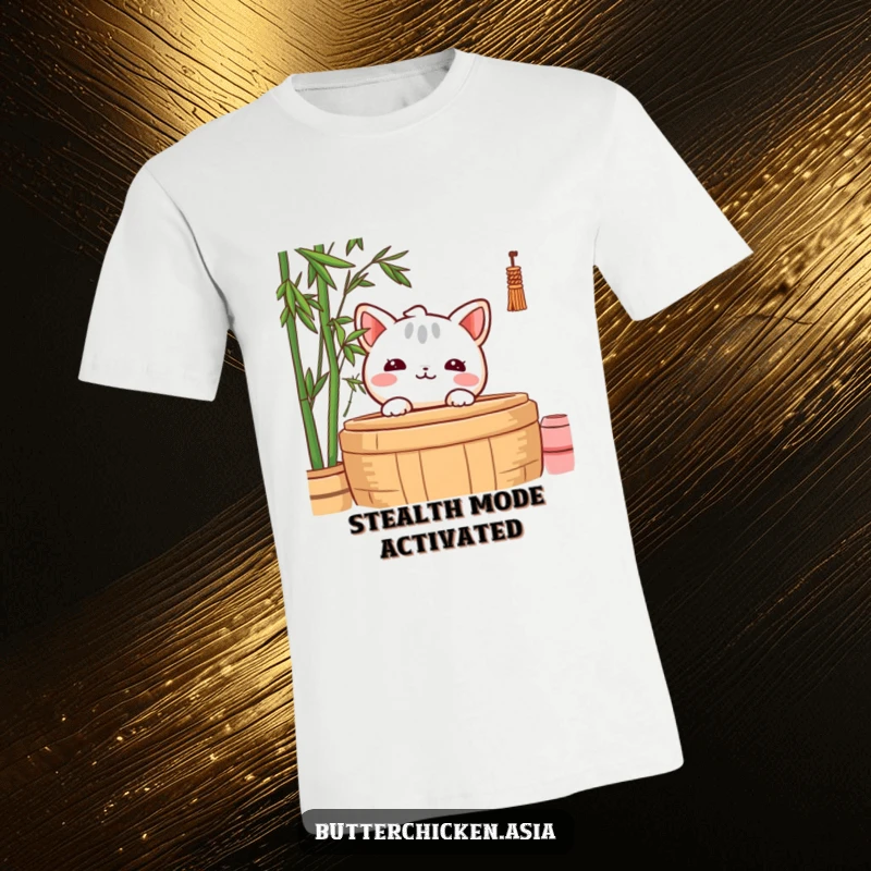 Funny T-Shirt with a shy wonton character peeking out cautiously from a bamboo steamer, exuding adorable timidity.