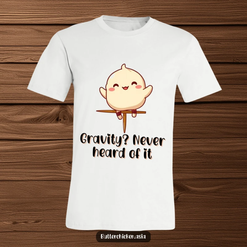 Funny dumpling t-shirt featuring a cheerful character in mid-air, joyfully jumping over a tiny chopstick.