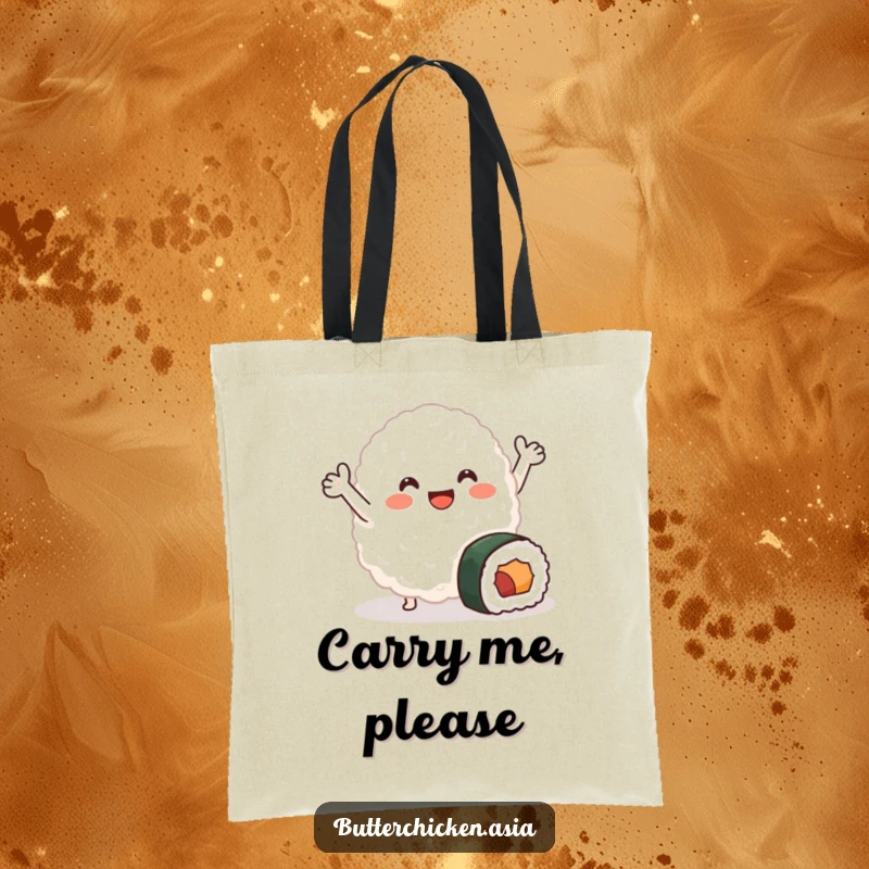 Funny Tote Bag with a smiling blob of rice waving joyfully near a small sushi roll, a charming and practical food-themed accessory.