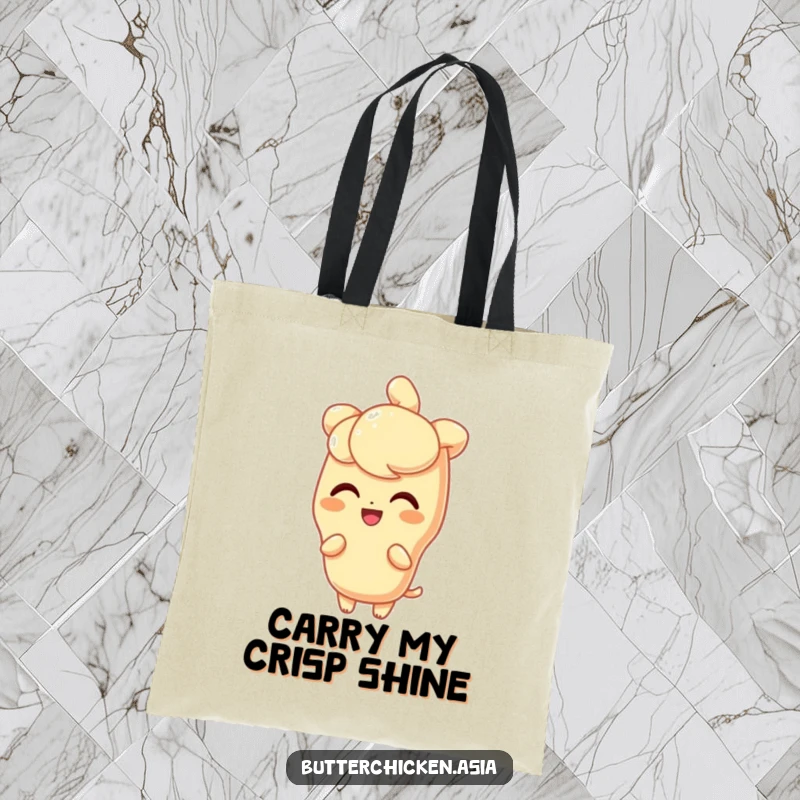 Funny Tote Bag with a delighted tempura character shining brightly, perfect for carrying daily necessities with flair.