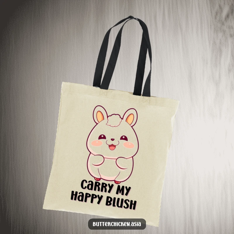 Funny Tote Bag with a giggling bao bun character blushing happily, perfect for carrying daily necessities with cheer.