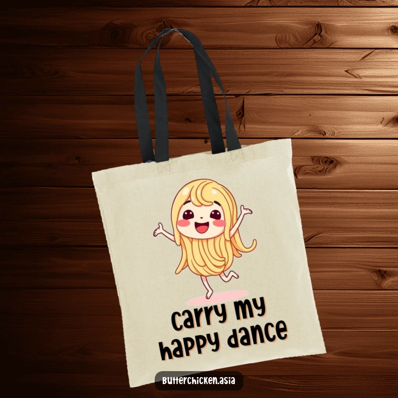 Funny Tote Bag with a wiggling noodle character doing a happy dance, perfect for carrying your daily items.
