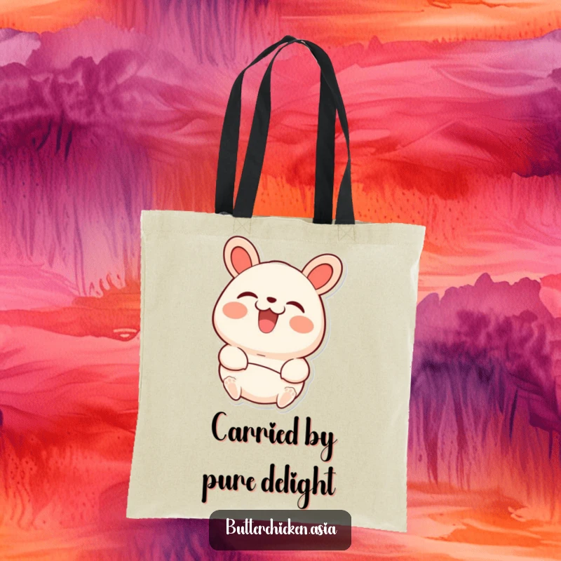 Funny bao bun tote bag with a happy character beaming with uncontrollable joy while being lifted gently.