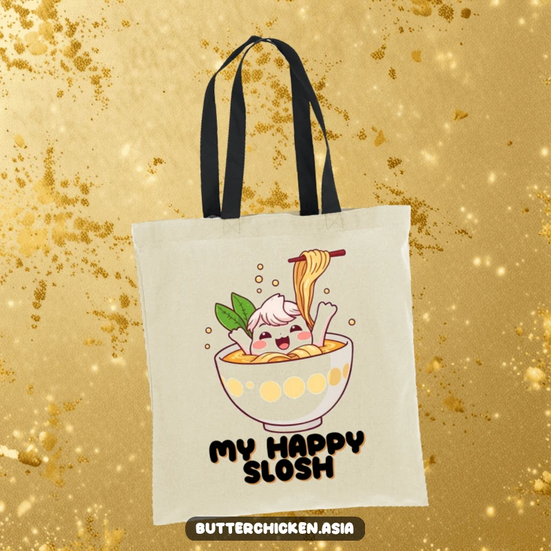 Funny Ramen Tote Bag: a cheerful ramen bowl character happily splashes in broth. Perfect for ramen lovers and a funny gift.